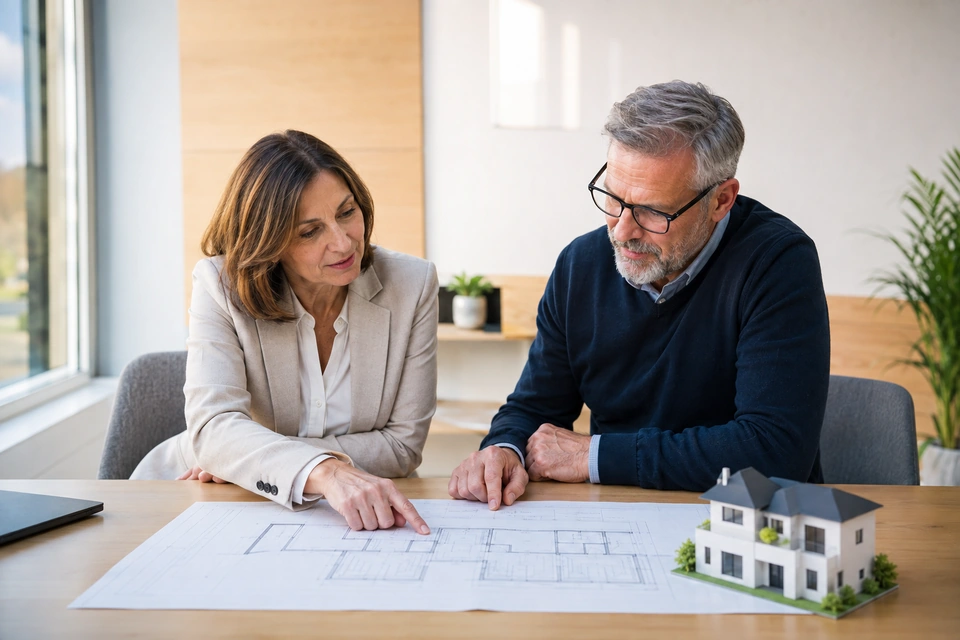 Symbolischer fachlicher Austausch über Immobilien und Verkauf